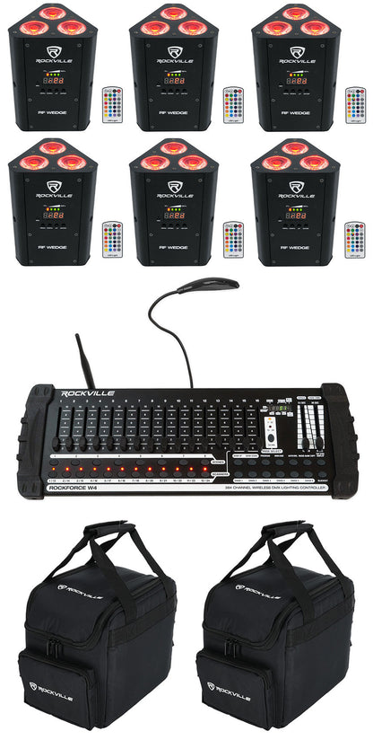(6) RF WEDGE BLACK RGBWA+UV Wireless DMX Lights + ROCKFORCE W4 + (2) RLB25 Bags