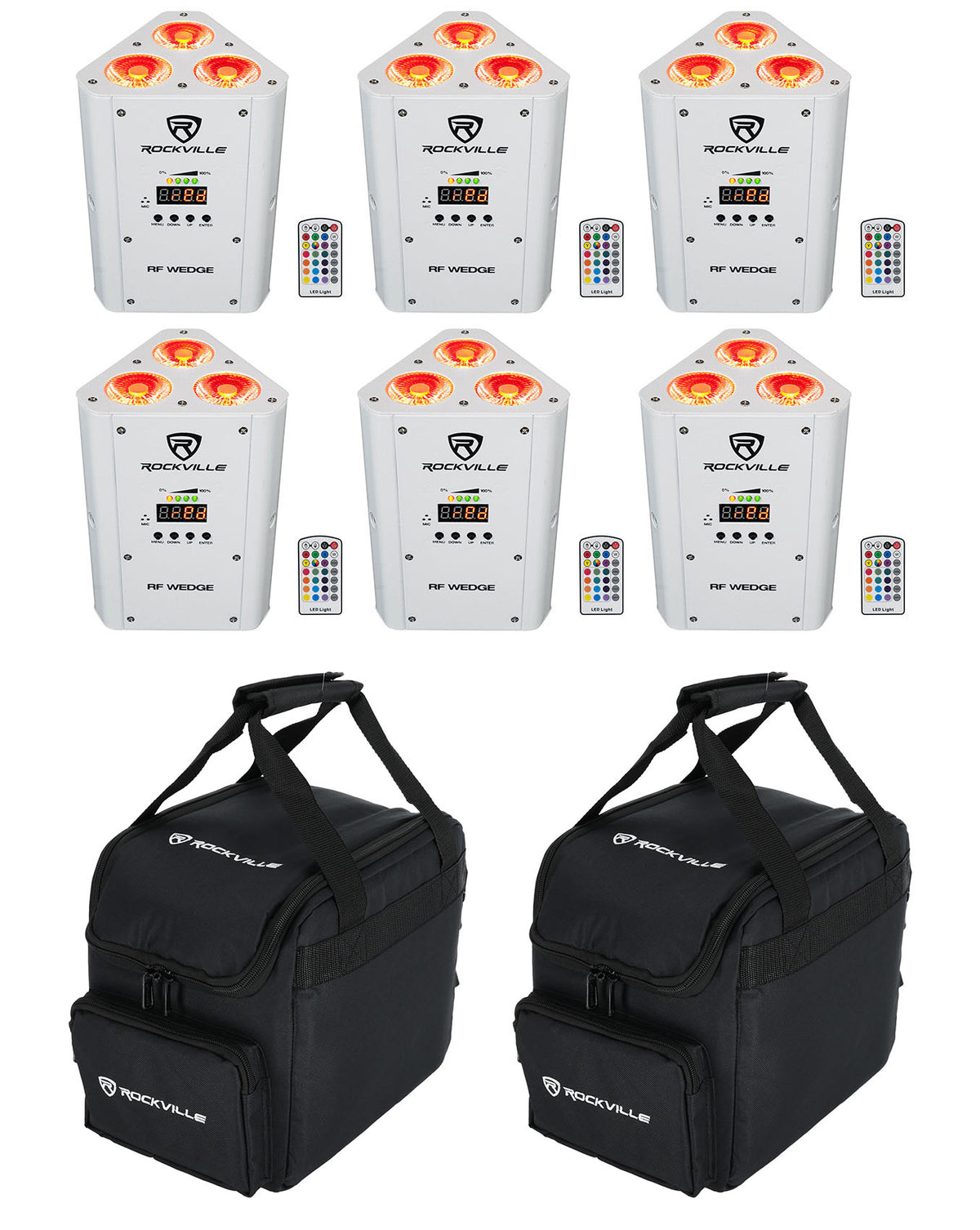 (6) RF WEDGE WHITE RGBWA+UV Wireless DMX Up Lights + Remotes + (2) RLB25 Bags