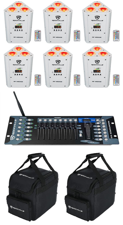 (6) RF WEDGE WHITE RGBWA+UV Wireless DMX Lights + W2 Controller + (2) RLB25 Bags