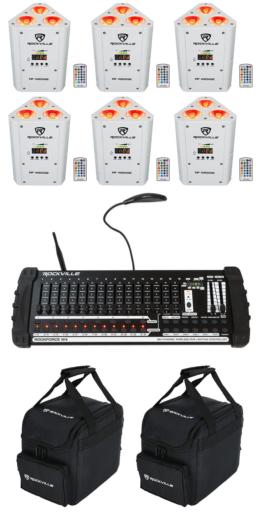 (6) RF WEDGE WHITE RGBWA+UV Wireless DMX Lights + W4 Controller + (2) RLB25 Bags
