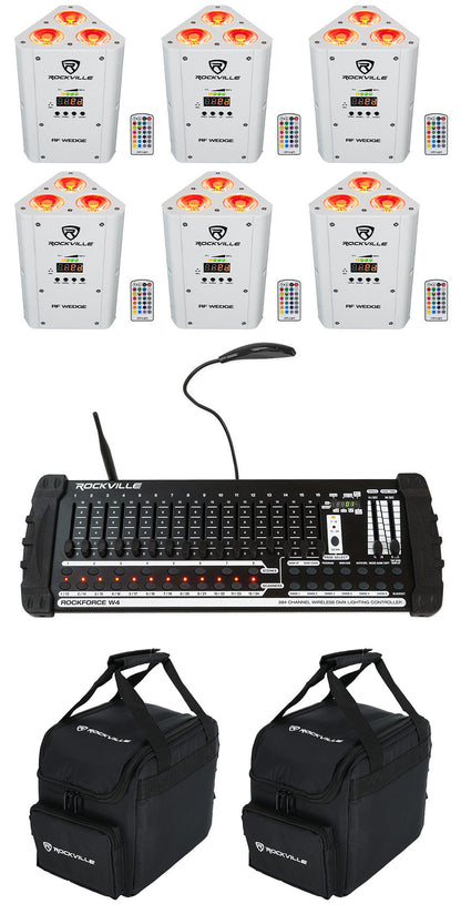(6) RF WEDGE WHITE RGBWA+UV Wireless DMX Lights + W4 Controller + (2) RLB25 Bags