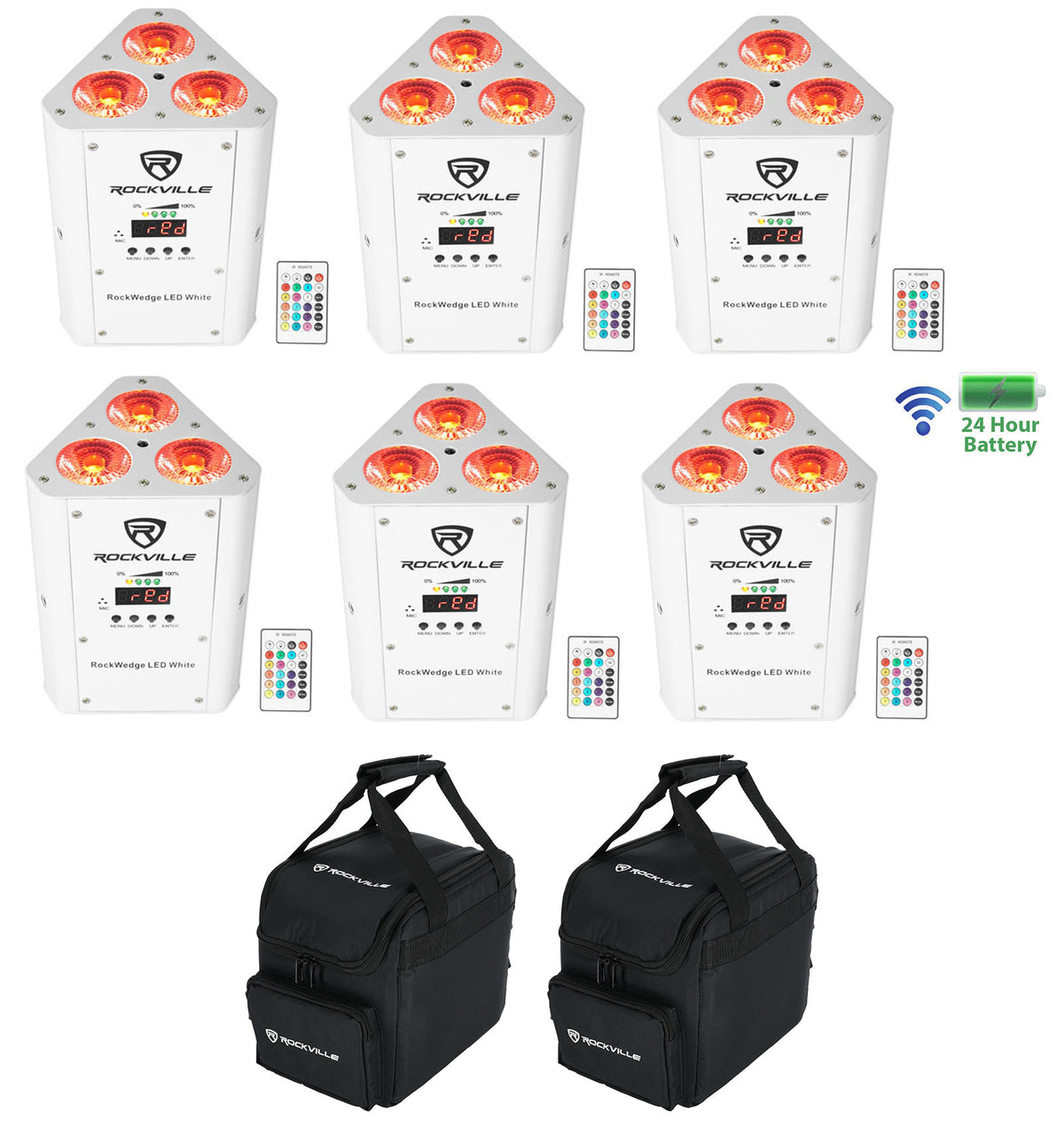 (6) RockWedge LED White RGBWA+UV Rechargeable Wireless DMX Lights+Bag