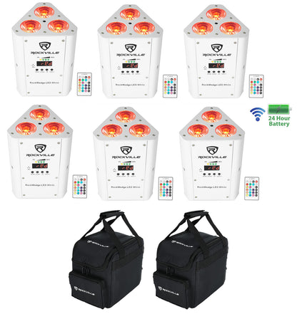 (6) RockWedge LED White RGBWA+UV Rechargeable Wireless DMX Lights+Bag