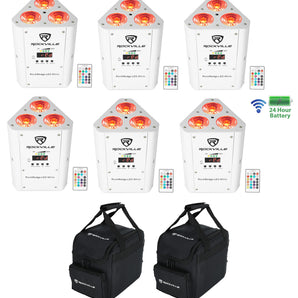 (6) Rockville RockWedge LED White RGBWA+UV Rechargeable Wireless DMX Lights+Bag