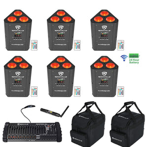 6) Rockville RockWedge LED RGBWA+UV Rechargeable Wireless DMX Lights+Control+Bag