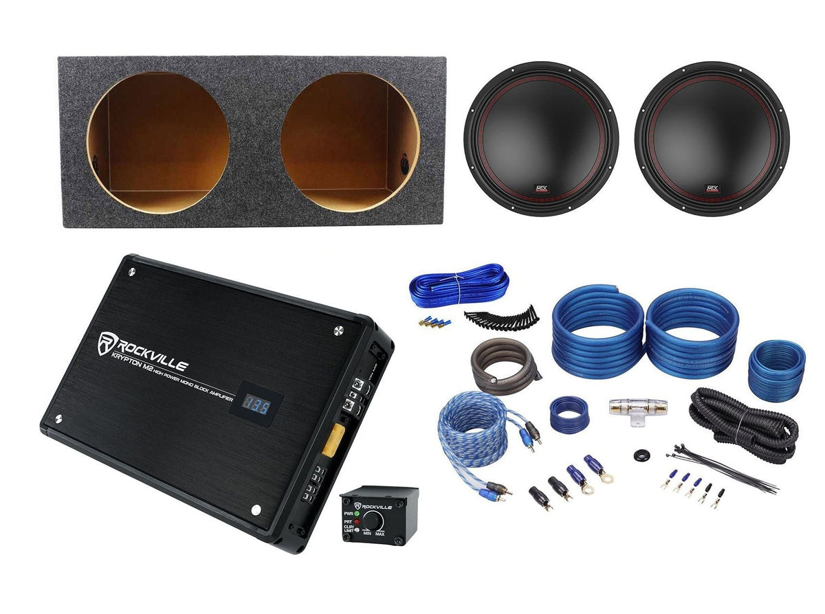 (2) MTX 5512-44 12" 1600w Car Subwoofers+Sealed Sub Box+Mono Amplifier+Amp Kit