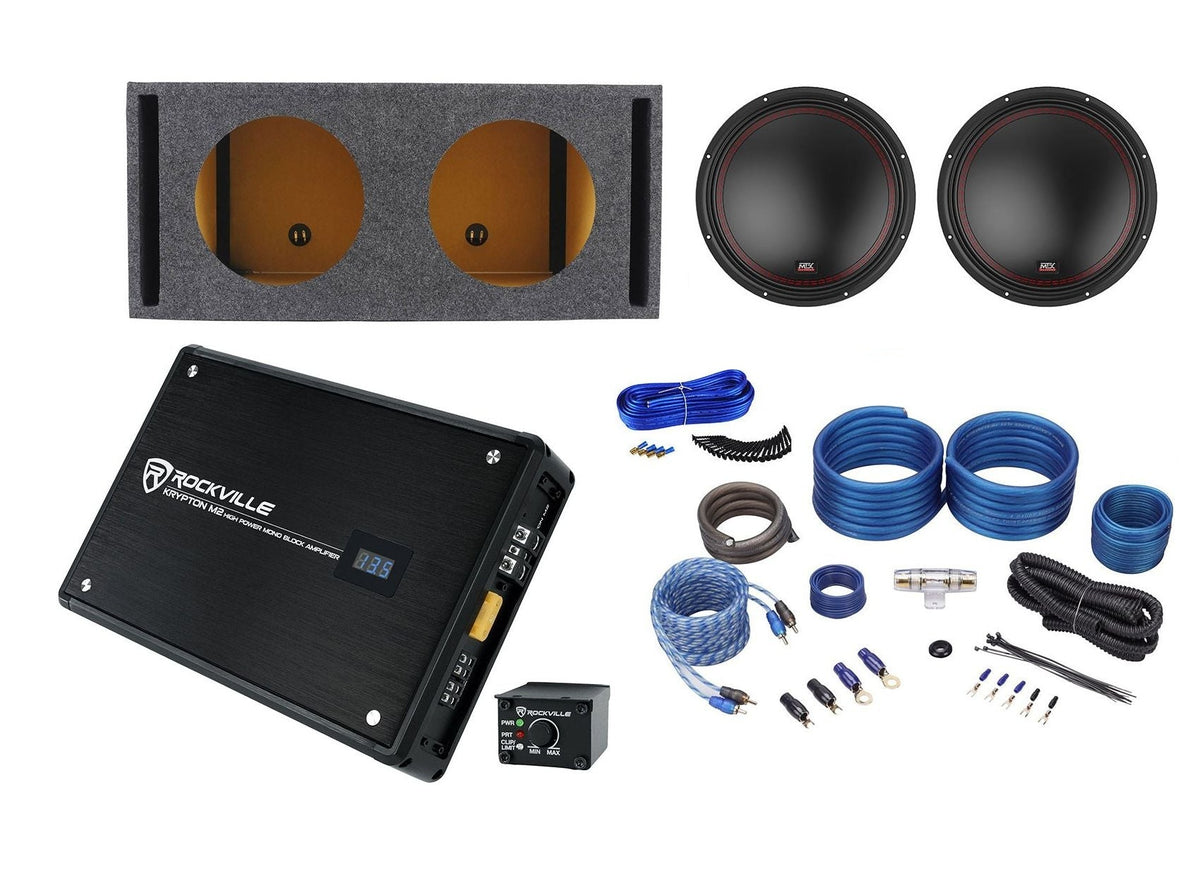 (2) MTX 5512-44 12" 1600w Car Subwoofers+Sealed Sub Box+Mono Amplifier+Amp Kit