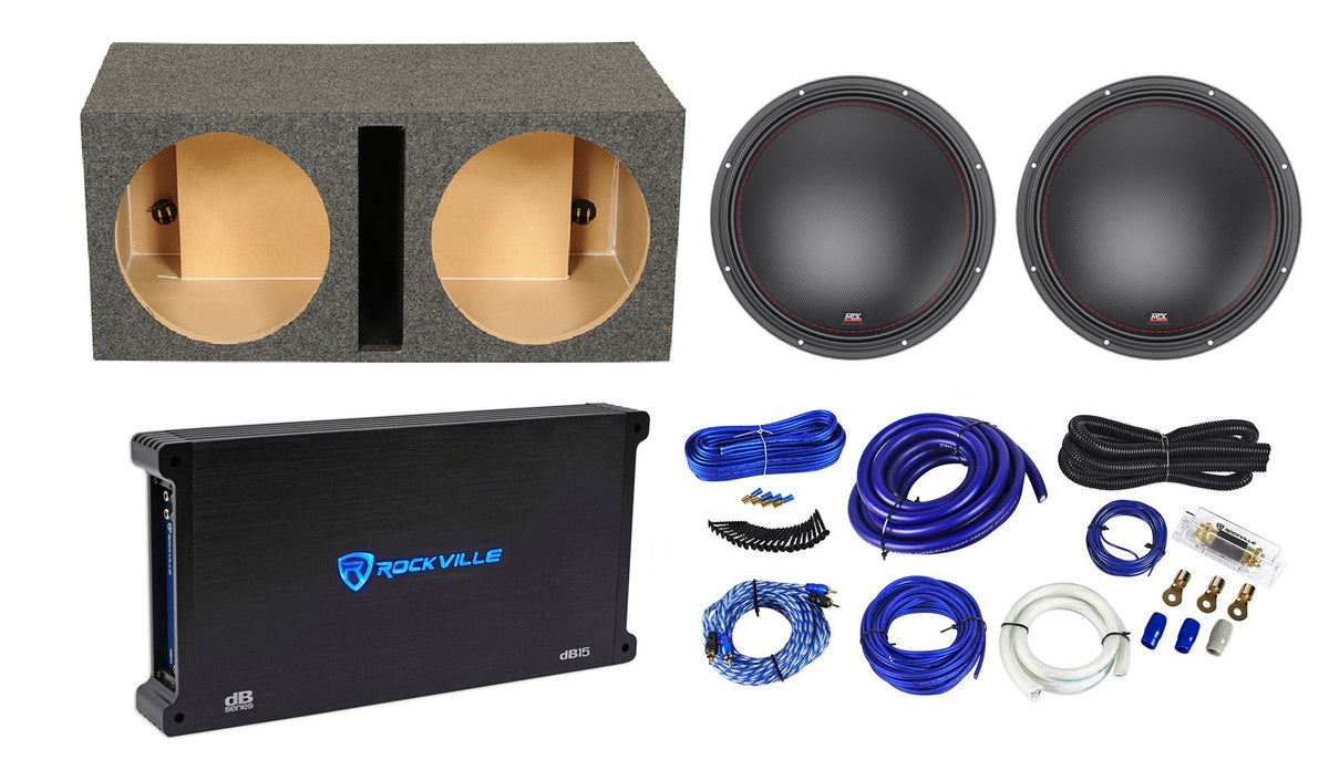 2) MTX 7515-22 15" 1500w RMS Subwoofers+Vented Sub Box Enclosure+Amplifier+Wires