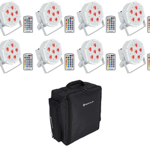 (8) Rockville BATTERY PAR 6RF White Rechargeable Wireless DMX Lights+Backpack