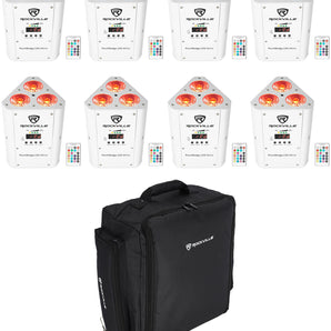 (8) Rockville RockWedge LED RGBWA+UV White Wireless DMX Battery Lights+Backpack