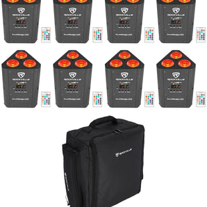 8 Rockville RockWedge LED 54w RGBWA+UV Rechargeable Wireless DMX Lights+Backpack