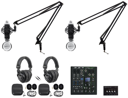2-Person Podcast Recording Kit w/Mackie ProFX6v3+ Mixer + Boom Arms