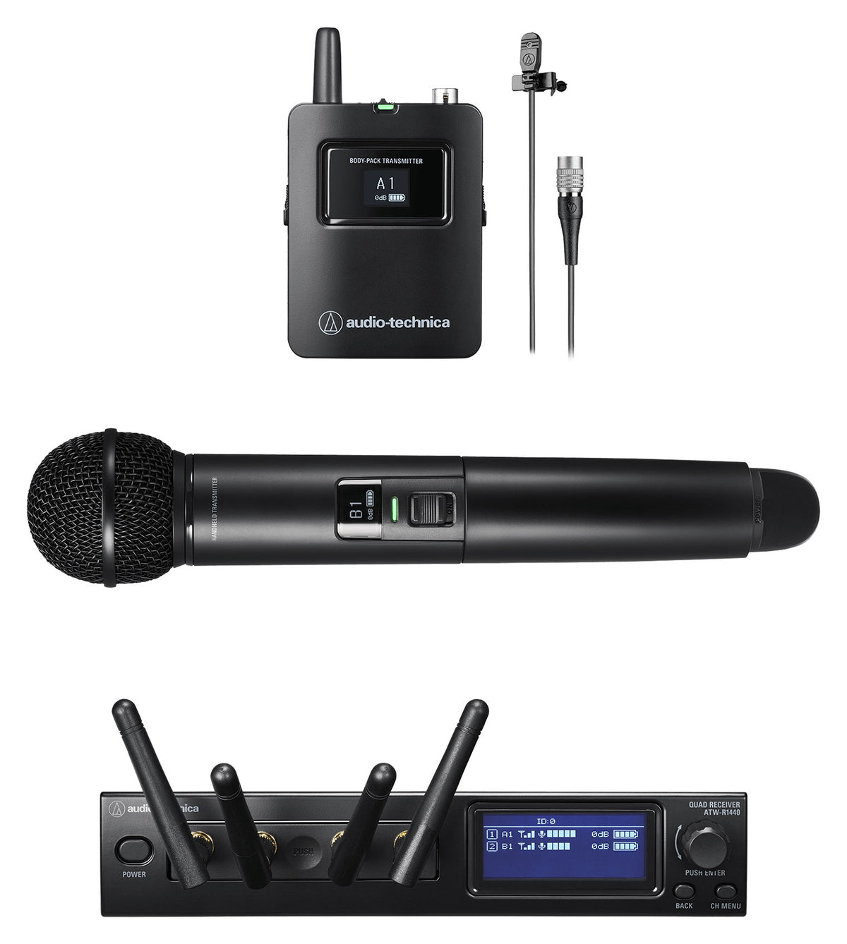 Audio Technica ATW-1423/L Wireless Microphone System Receiver+Handheld+Lav Mics