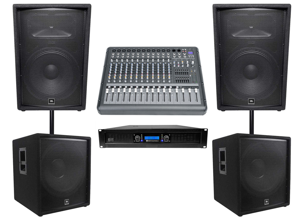 (2) JBL JRX215 1000w 15" DJ P/A Speakers+(2) 18" 1400w Subwoofers+Powered Mixer