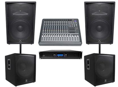 (2) JBL JRX215 1000w 15" DJ P/A Speakers+(2) 18" 1400w Subwoofers+Powered Mixer