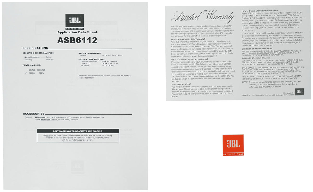 JBL ASB6112 4000 Watt 12" Professional Live Sound Passive DJ PA Subwoofer Sub