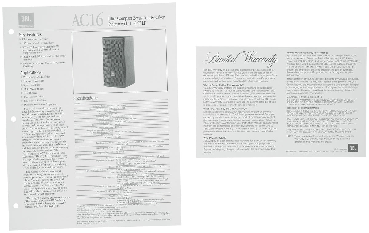JBL AC16 6" 640 Watt 2-Way 16 Ohm Passive Wall Mount Speaker in Black