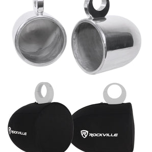 Pair Rockville MAC90S 8” Silver Aluminum Wakeboard Tower Speaker Pods+Covers