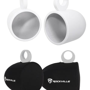Pair Rockville MAC90W 8” White Aluminum Wakeboard Tower Speaker Pods+Covers