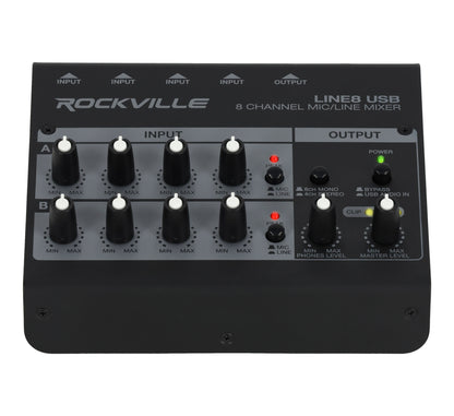 Rockville LINE8 USB 8 Channel Mic/Line Mixer w/ USB Computer Recording Interface