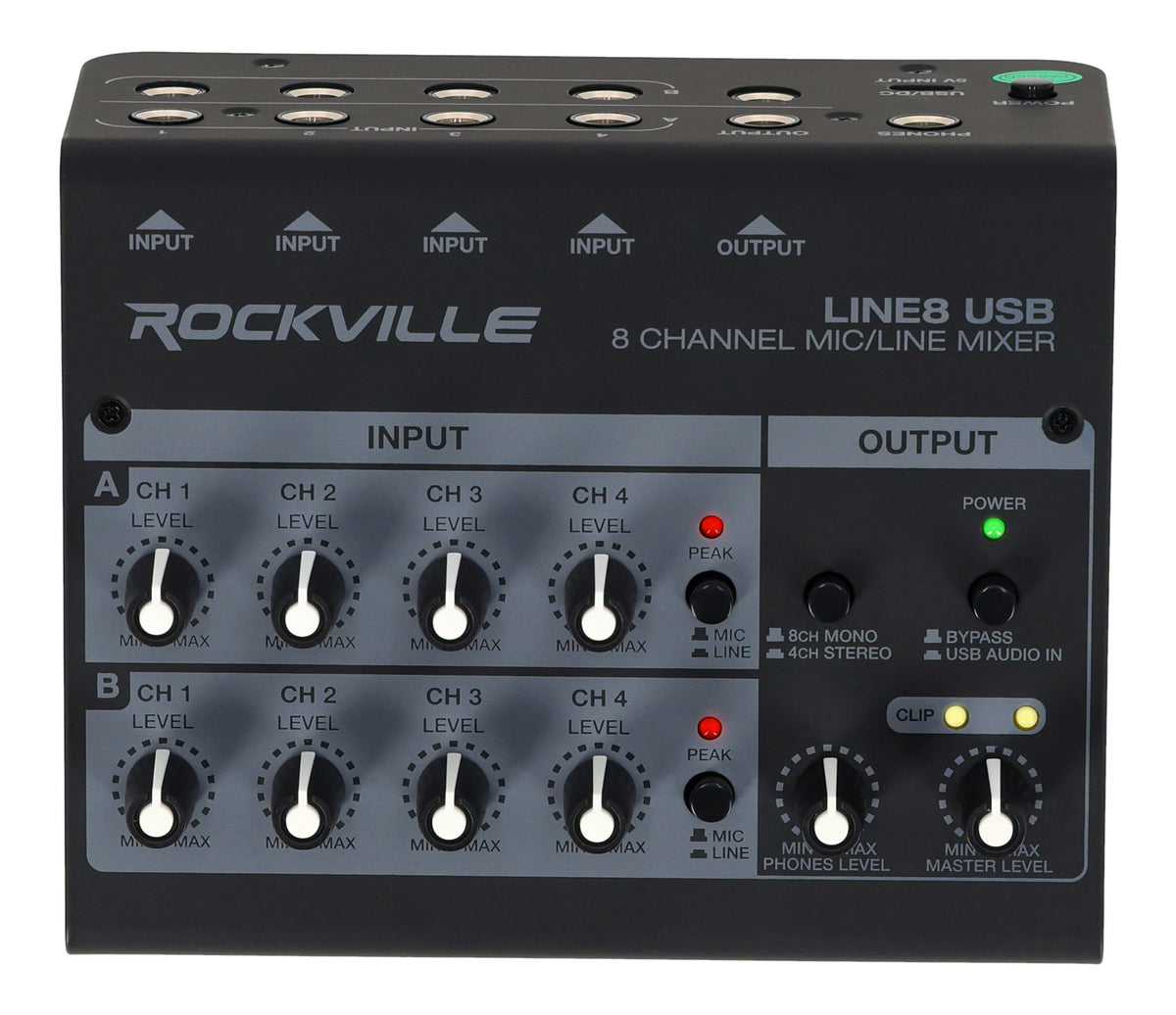 Rockville LINE8 USB 8 Channel Mic/Line Mixer w/ USB Computer Recording Interface