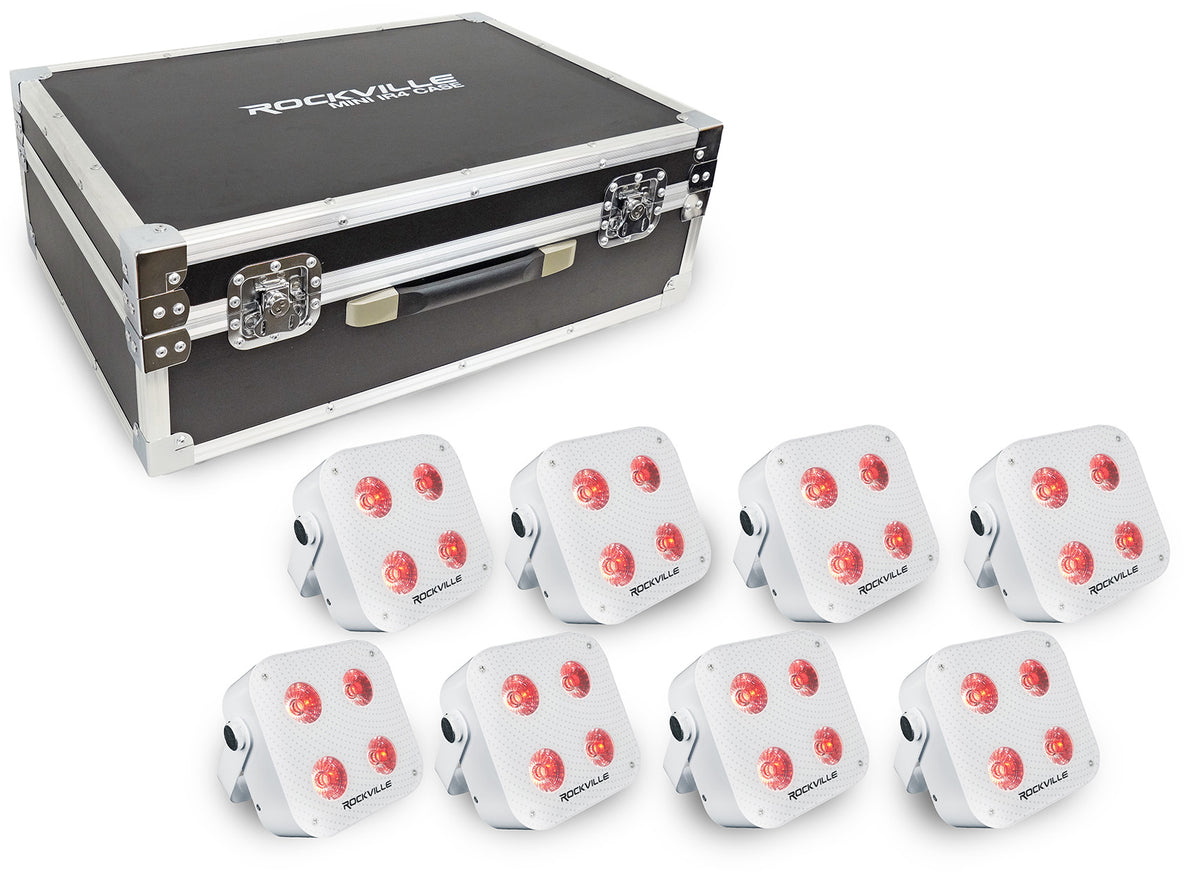 Rockville MINI IR4 CHARGE PACKAGE WHITE 8 DJ Par Wash Up Lights+Case+App Control