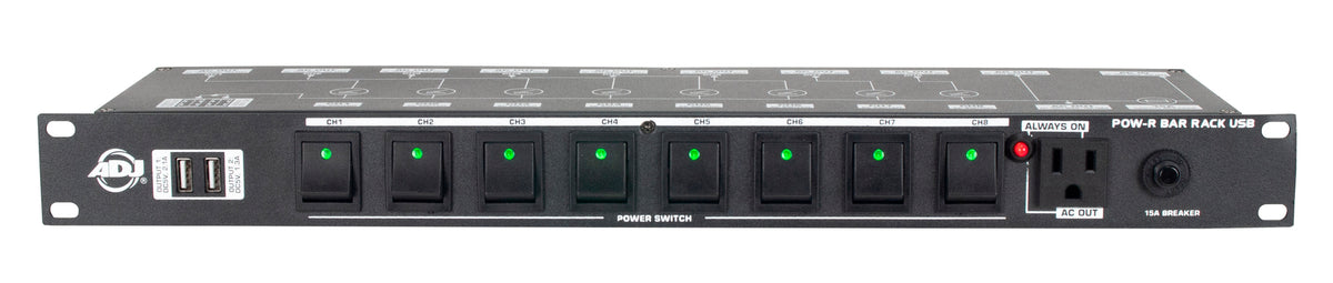 ADJ POW-R BAR RACK USB Rack Mount 10-Outlet+2 USB Charging Ports Power Supply