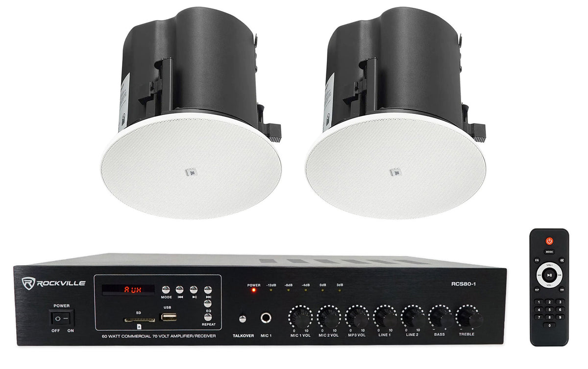 (2) JBL Control 424C/T 4" Commercial 70v Ceiling Speakers+Amp For Restaurant/Bar
