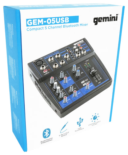 Gemini GEM-05USB Compact 5 Channel Bluetooth Mixer w/USB 5 Ins/2 Bus/2 Band EQ