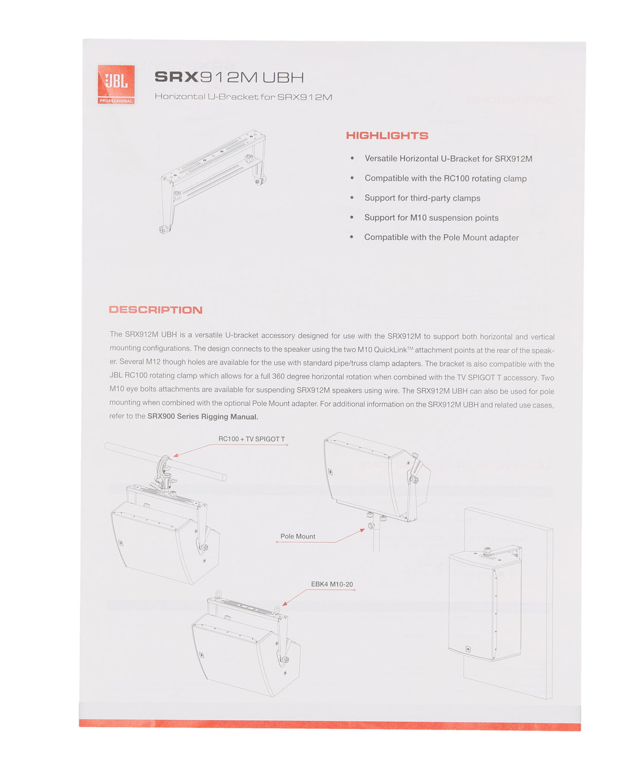JBL SRX912M UBH Horizontal U-Bracket for SRX912M DJ PA Speaker