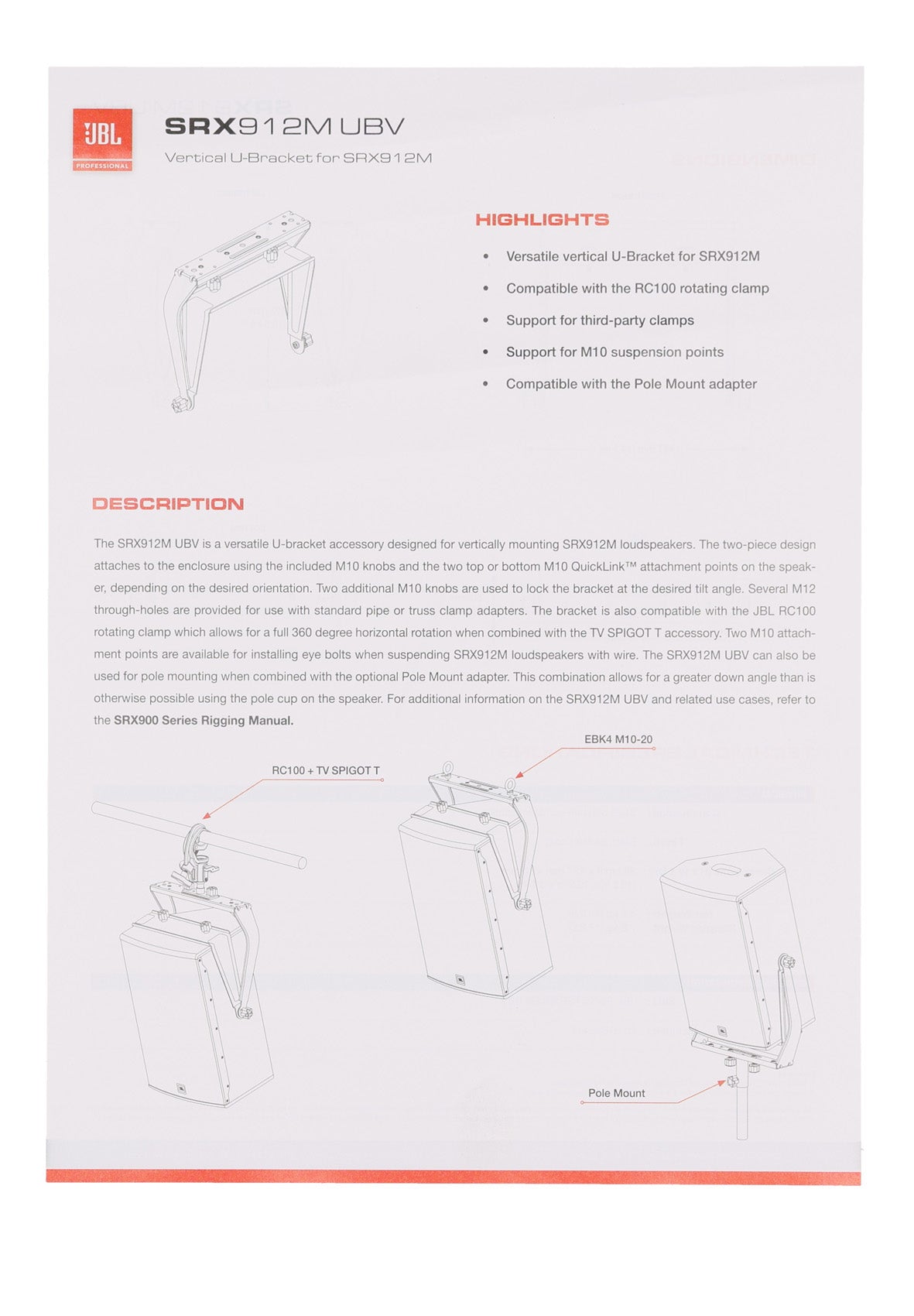 JBL SRX912M UBV Vertical U-Bracket for SRX912M DJ PA Speaker