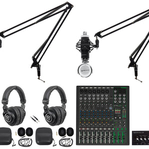 2-Person Podcast Podcasting Recording Kit w/Mackie ProFX12 v3+ Mixer+Boom Arms