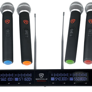 Rockville RWM90U Quad UHF Handheld Wireless Microphone System w/LCD+Metal Casing