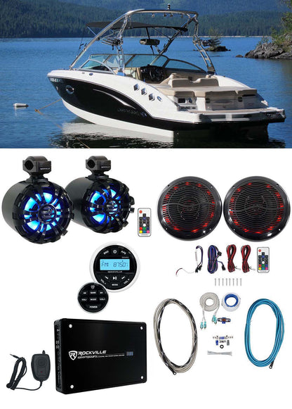 2 Rockville 6.5" LED Swivel Black Marine Wakeboard+Coaxial Speakers+Receiver+Amp