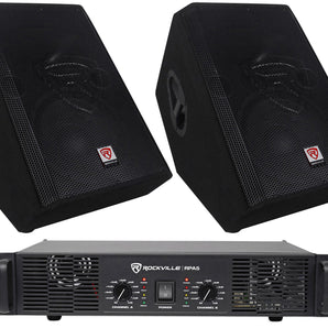 2) Rockville RSM12P 12" 2000 Watt Passive Stage Floor Monitor Speakers and Amplifier