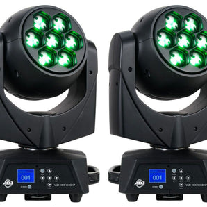 (2) American DJ ADJ VIZI HEX WASH 7 RGBWA+UV LED Wireless DMX Moving Head Lights