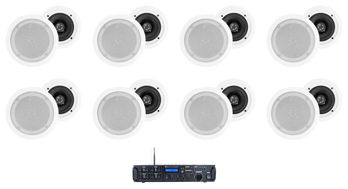 Rock Zone 8 Receiver+(16) 5.25" White Ceiling Speakers For Restaurant