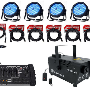 (8) Eliminator ADJ MEGA GO PAR 64E RGB+UV Par Wash Lights+DMX Controller+Fogger