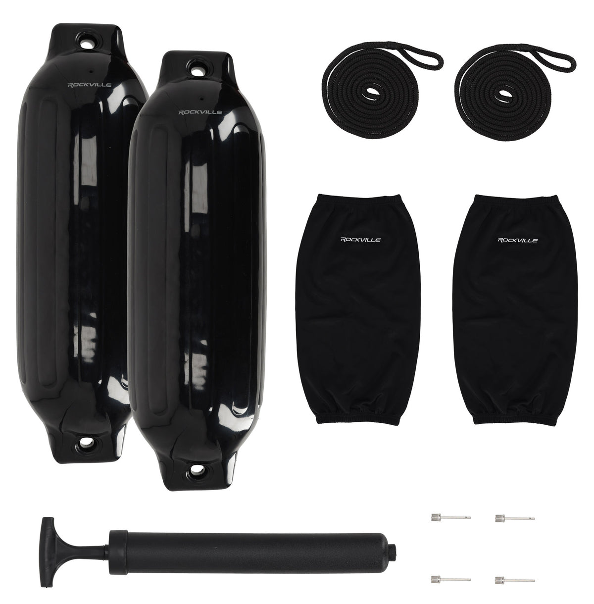 Rockville FEN285-BLACK Boat Fender Package 2 Bumpers 8.5"x27", 2 Covers, 2 Lines