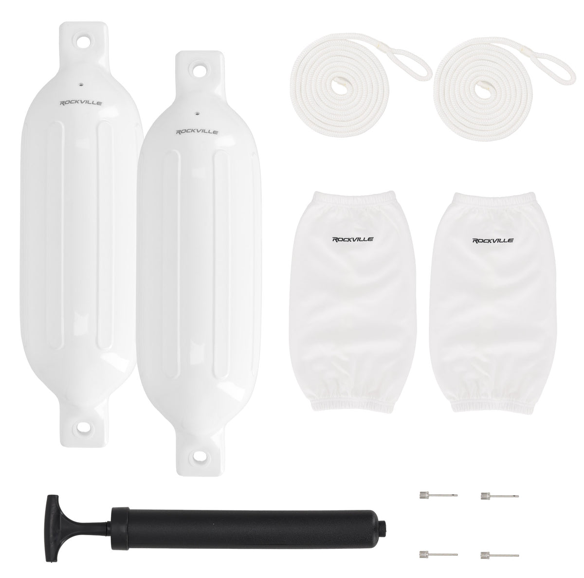 Rockville FEN265-WHITE Boat Fender Package 2 Bumpers 6.5"x23", 2 Covers, 2 Lines