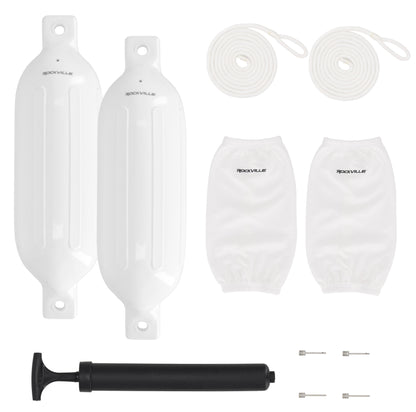 Rockville FEN265-WHITE Boat Fender Package 2 Bumpers 6.5"x23", 2 Covers, 2 Lines