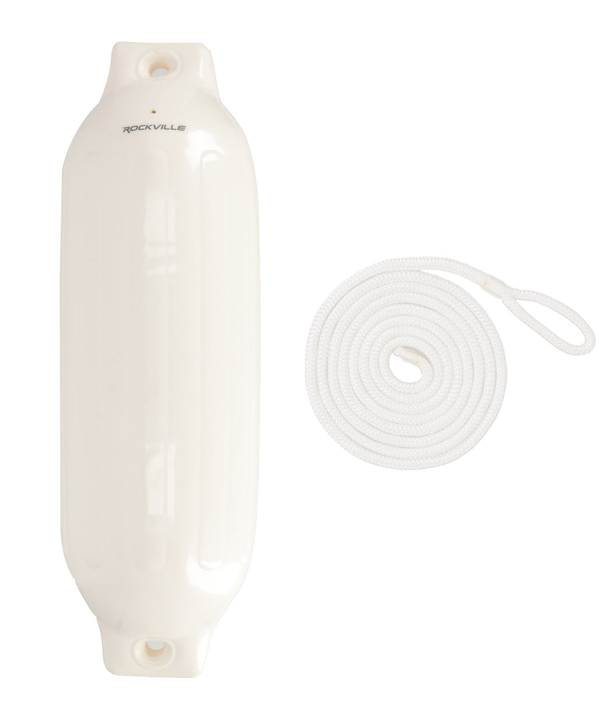 Rockville FEN185-WHITE 8.5" x 27" Boat Fender + 10 Foot Line Marine Bumper