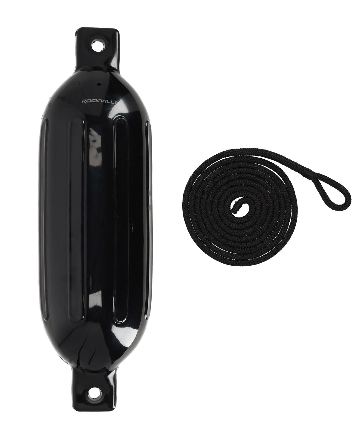 Rockville FEN165-BLACK 6.5"x23" Boat Fender + 10 Foot Line Marine Bumper