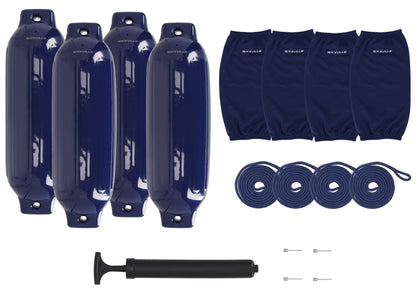 Rockville FEN485-NAVY BLUE (4) 8.5" Boat Fenders 4 Covers, 4 Lines Package