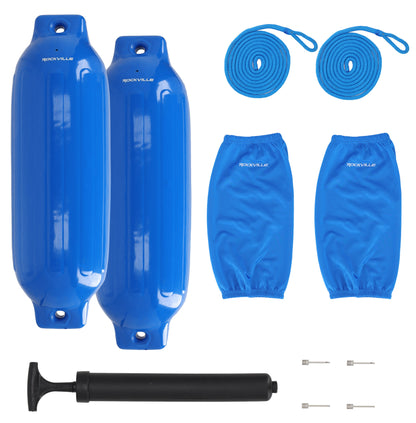 Rockville FEN285-BLUE Boat Fender Package 2 Bumpers 8.5"x27", 2 Covers, 2 Lines