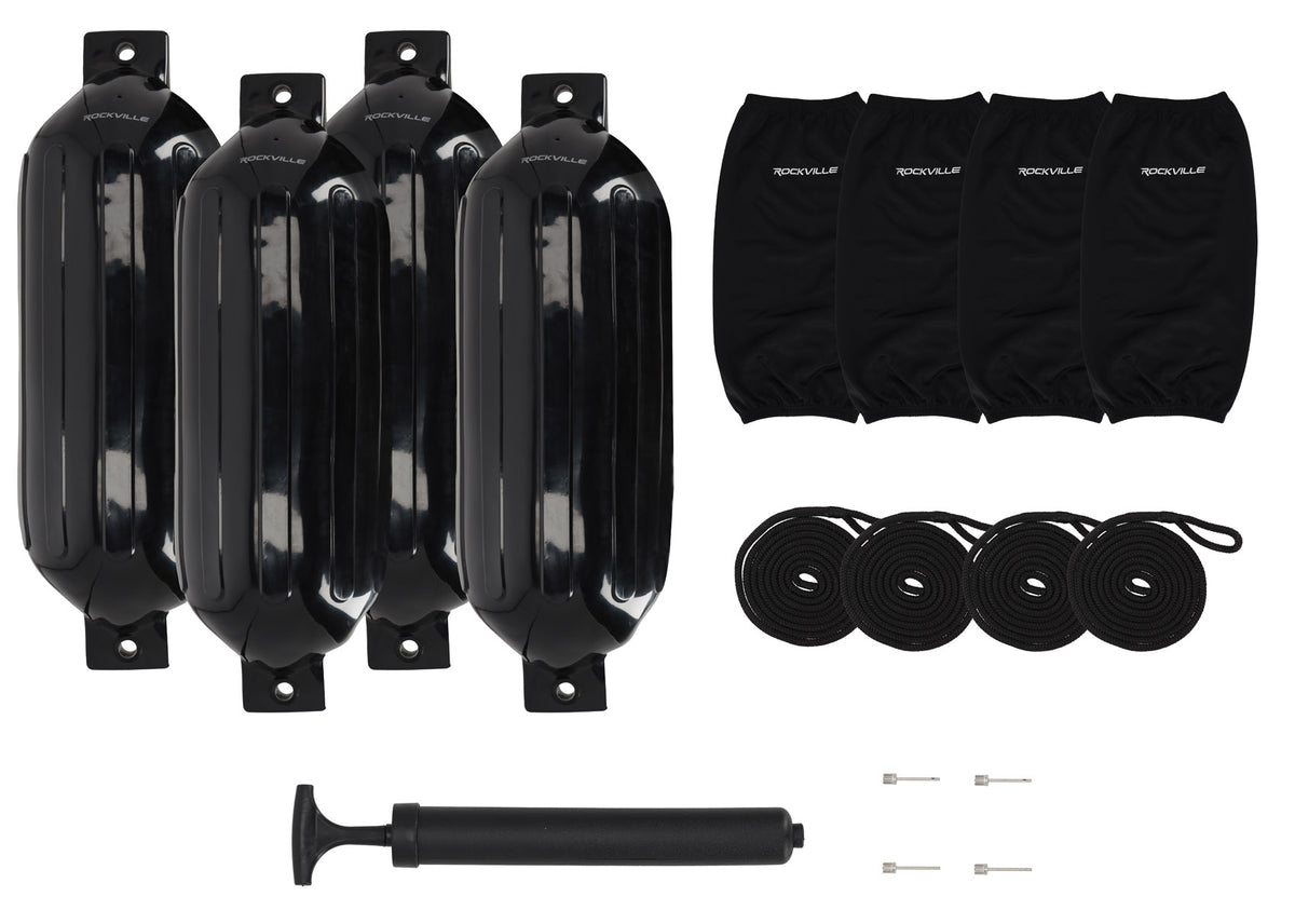 Rockville FEN410-BLACK Boat Fender Package 4 Bumpers 10"x30", 4 Covers, 4 Lines