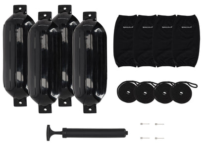 Rockville FEN410-BLACK Boat Fender Package 4 Bumpers 10"x30", 4 Covers, 4 Lines