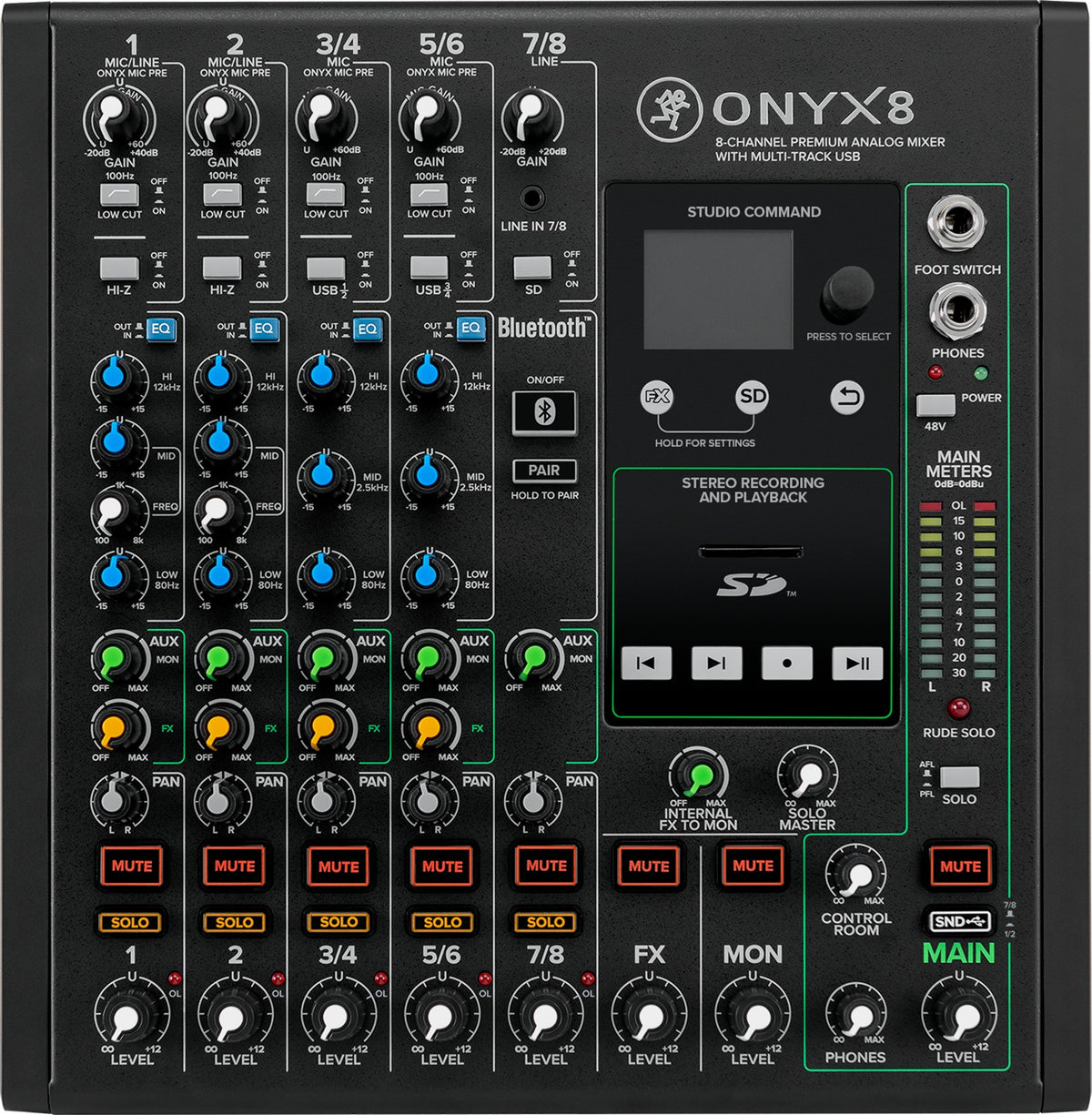 Mackie ONYX8 8-Channel Mixer w/ USB/3-Band EQ+Bluetooth+Headphones+XLR Cables