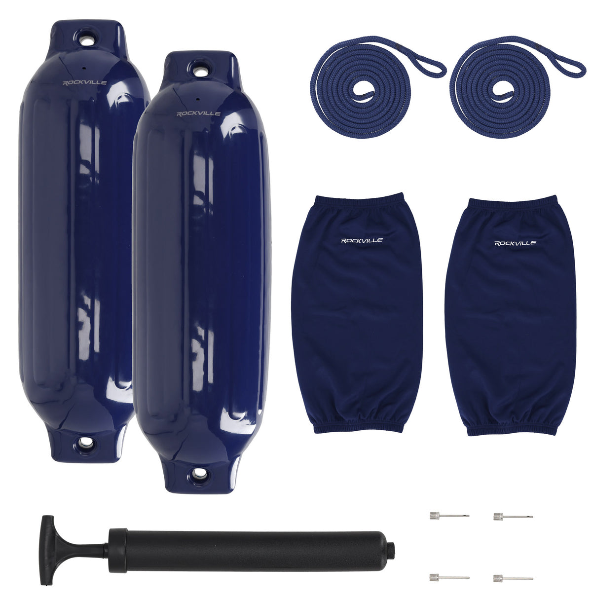 Rockville FEN285-NAVY BLUE 8.5" Boat Fender Package 2 Bumpers, 2 Covers, 2 Lines