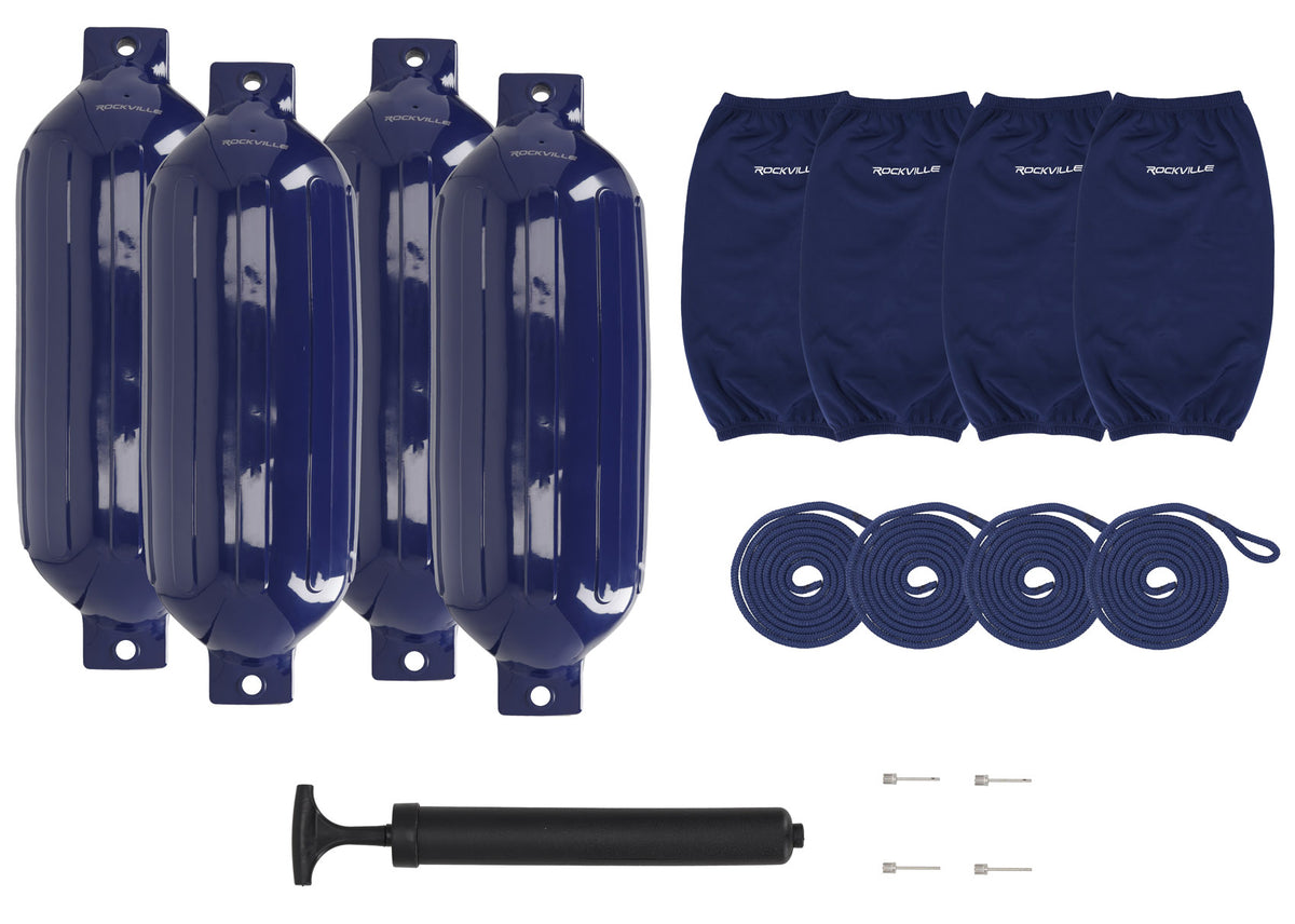Rockville FEN410-NAVY BLUE Boat 10" Fender Package 4 Bumpers, 4 Covers, 4 Lines